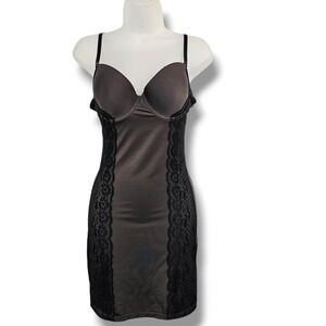Marilyn Monroe Intimates Slip Dress M Charcoal Grey Black Lace Shapewear Boudoir